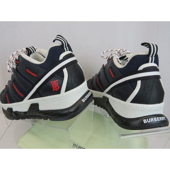 NIB BURBERRY UNION NAVY LEATHER MESH RED LOGO LOW TOP SNEAKERS 11 US 44 ITALY - Picture 7 of 12